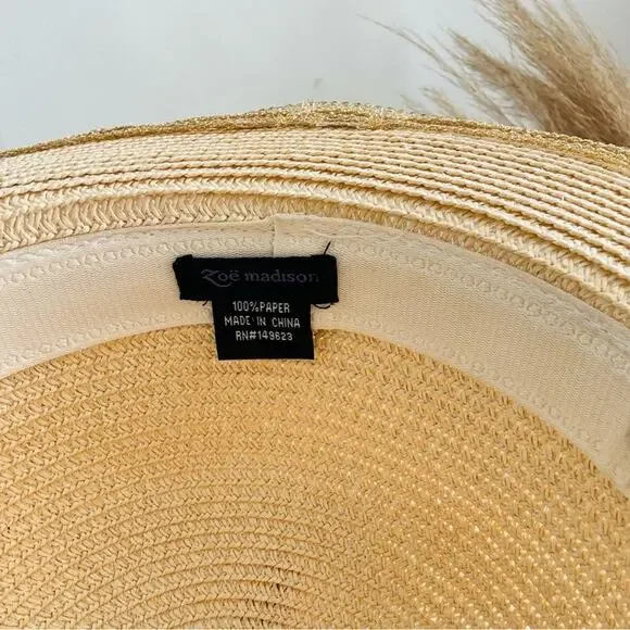 VINTAGE NORDSTROM Cream Tan Straw Wide Brim Floppy Gold Metallic Ribbon Sun Hat - Picture 9 of 10